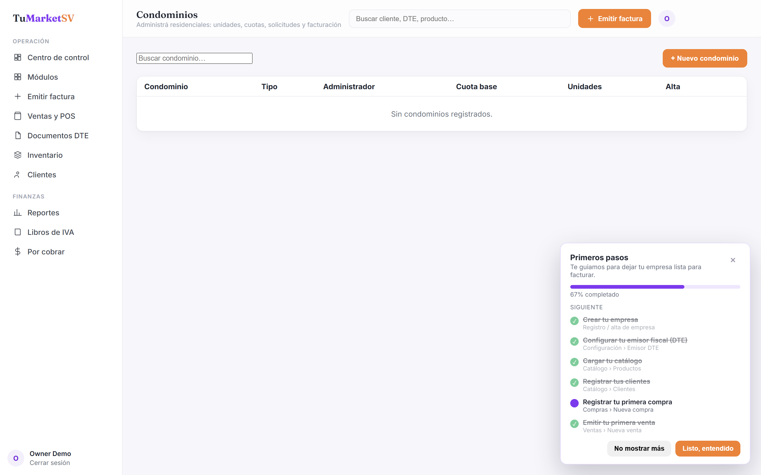 Pantalla de Condominios y residenciales en TuMarketSV
